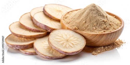 Isolated Pueraria mirifica fruit slices and powder on a white background, showcasing the medicinal plant's nutritional benefits and culinary uses in traditional herbal medicine. photo