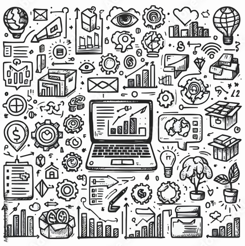 Hand draw technology sketch icon doodle set design. doodle art business hand drawn vector simple. with flowchart, statistic and element component business.