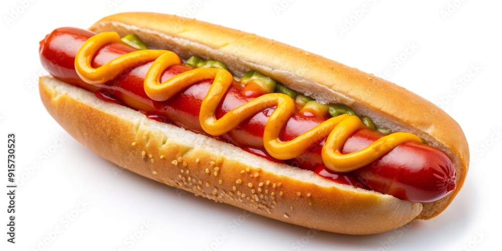 Juicy hot dog smothered in vibrant red ketchup, perfectly placed on a pristine white background, invitingly photographed from directly above to tantalize the taste buds. Juicy hot dog smothered in vibrant red ketchup, perfectly placed on a pristine white background, invitingly photographed from directly above to tantalize the taste buds.