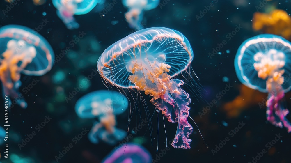 A Close-Up of a Jellyfish with Long, Delicate Tentacles A Close-Up of a Jellyfish with Long, Delicate Tentacles