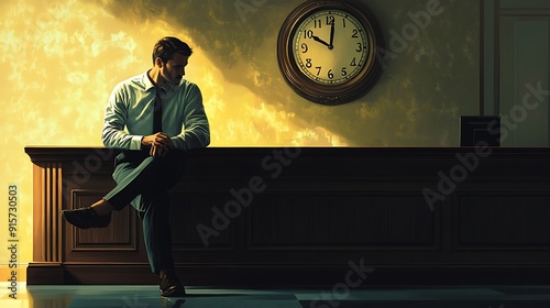 A Man Sitting in a Dark Room With a Clock on the Wall photo