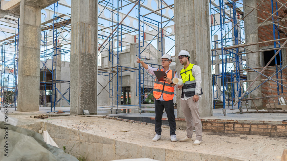 A team of engineers consults and plans the construction of the building. The architect, supervisor, and foreman meet to discuss the design of the building,working at site of a large building project A team of engineers consults and plans the construction of the building. The architect, supervisor, and foreman meet to discuss the design of the building,working at site of a large building project
