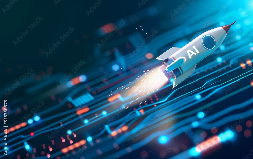 rocket flies around an artificial intelligence chip with the word rocket flies around an artificial intelligence chip with the word