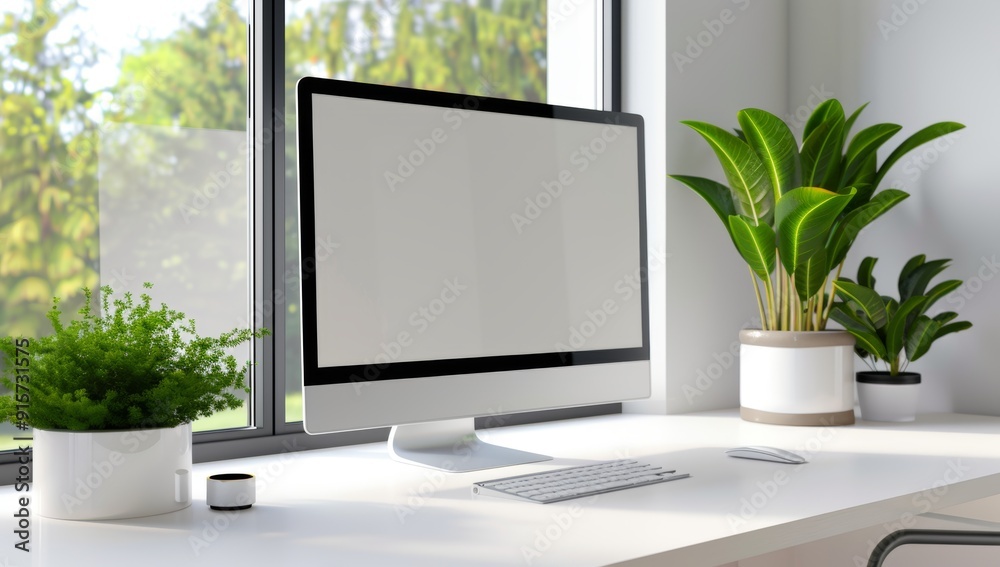 sleek modern computer monitor with a blank white screen is placed on an elegant wooden desk sleek modern computer monitor with a blank white screen is placed on an elegant wooden desk