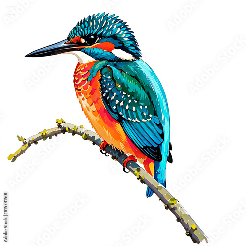  Kingfisher on a branch, watercolor with transparent  photo