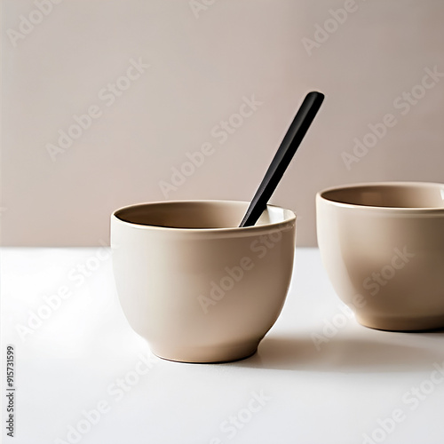 Two beige ceramic cups on a clean white surface, one with a black stirrer, creating a serene and modern aesthetic