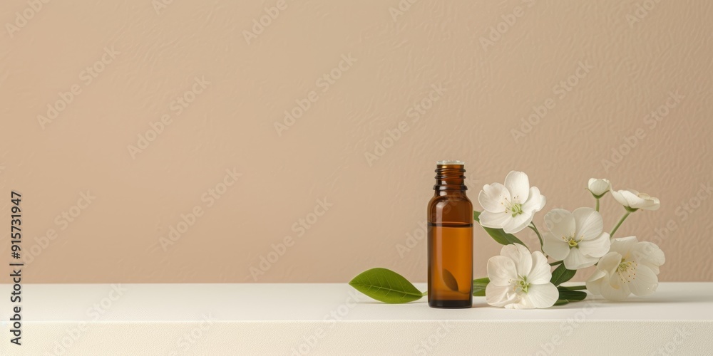 still life of white flowers and green leaves around an amber essential oil bottle on a flat surface still life of white flowers and green leaves around an amber essential oil bottle on a flat surface