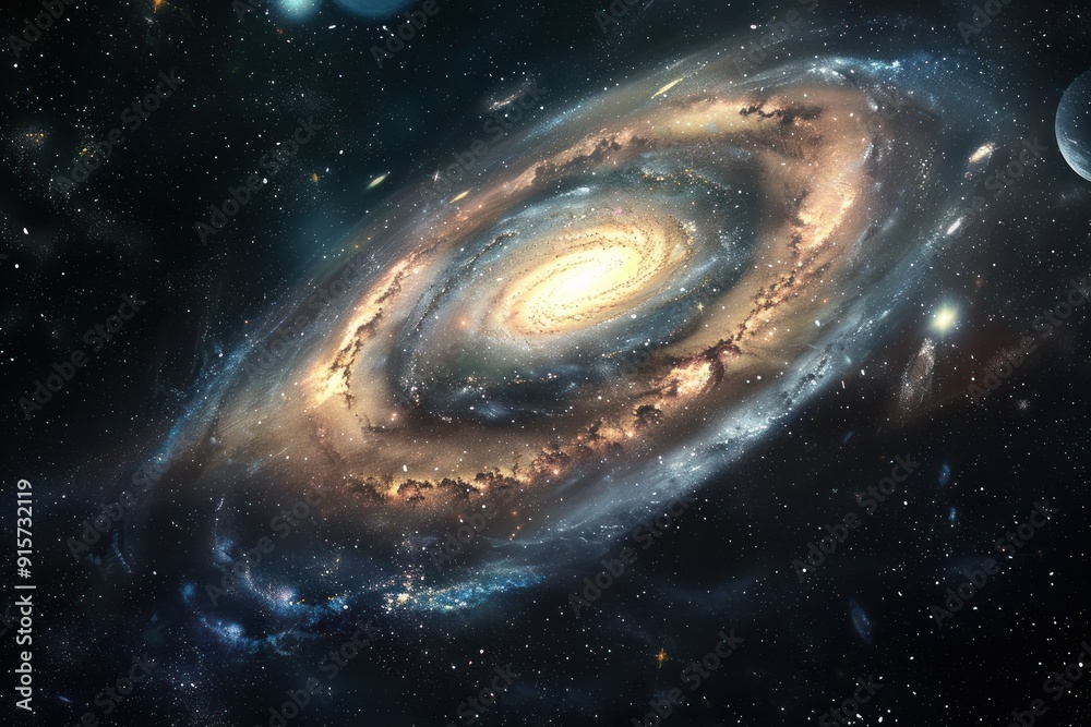 Spiral galaxy with glowing center and surrounding stars. Spiral galaxy with glowing center and surrounding stars.