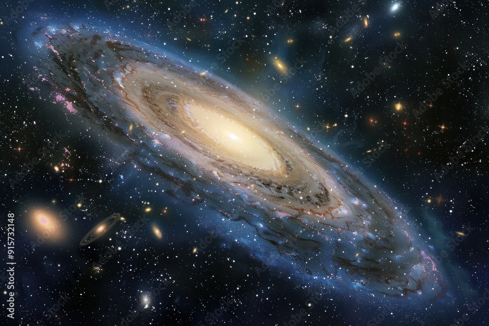 A golden spiral galaxy elegantly extends its luminous arms, surrounded by a variety of planets in a serene deep space setting.