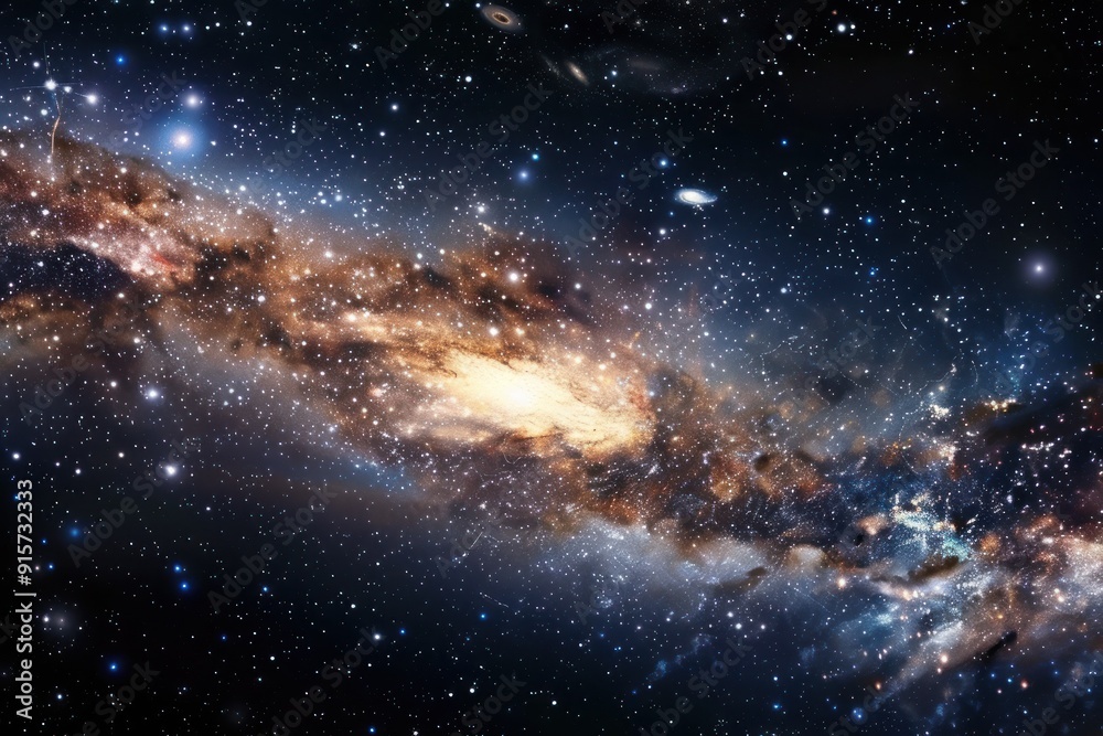 Fototapeta premium A golden spiral galaxy elegantly extends its luminous arms, surrounded by a variety of planets in a serene deep space setting.