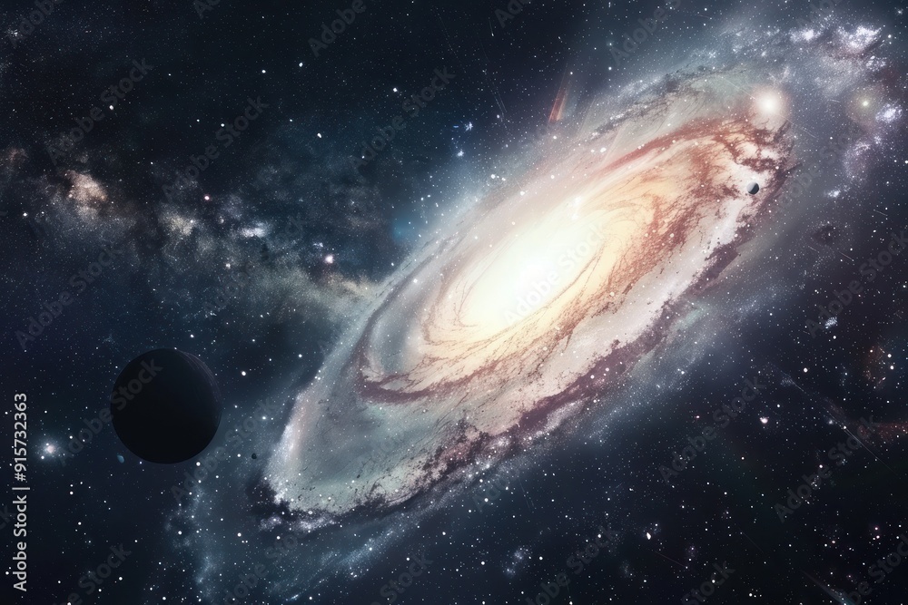 Fototapeta premium A golden spiral galaxy elegantly extends its luminous arms, surrounded by a variety of planets in a serene deep space setting.