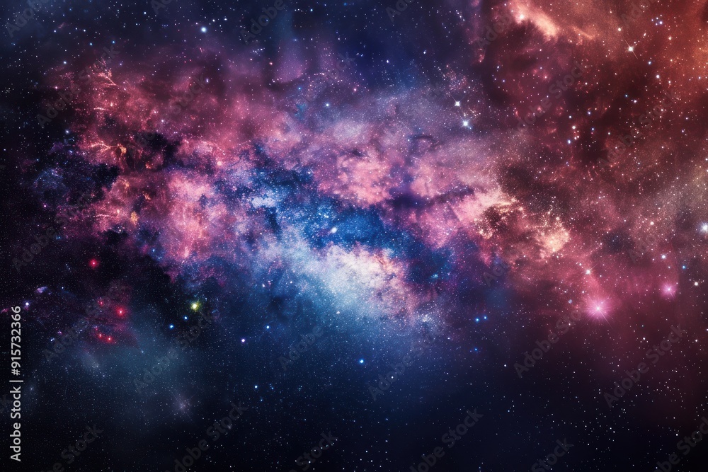 Naklejka premium A captivating spiral galaxy with multiple planets and a prominent ring system, surrounded by countless stars, showcasing the vastness of the universe.