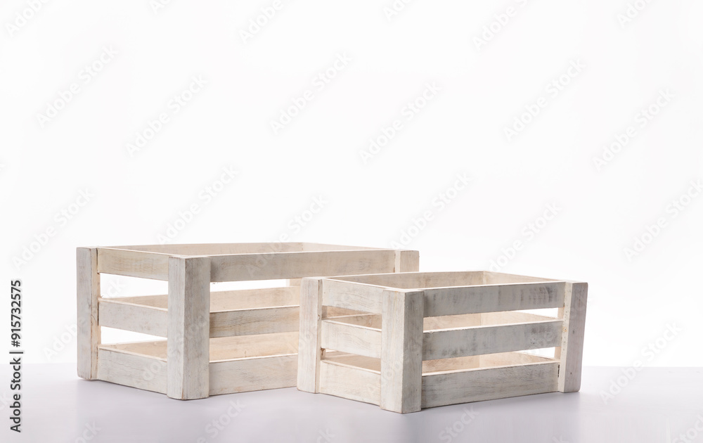 White wooden crate boxes on white background, Empty wooden storage boxes for fruits and vegetables White wooden crate boxes on white background, Empty wooden storage boxes for fruits and vegetables