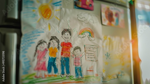 Child's Drawing of Family on Refrigerator Door