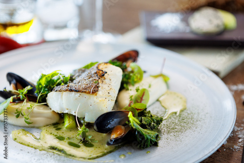 Cod fillet with cauliflower cream, asparagus, clam-wine sauce and mussles. Delicious seafood fish closeup served on a table for lunch in modern cuisine gourmet restaurant