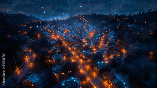 A residential neighborhood of suburban houses illuminated with neon lights showcasing an innovative and futuristic community of homes using future smart technology photo