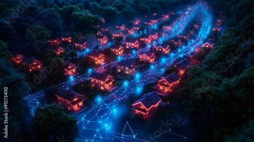 A residential neighborhood of suburban houses illuminated with neon lights showcasing an innovative and futuristic community of homes using future smart technology
