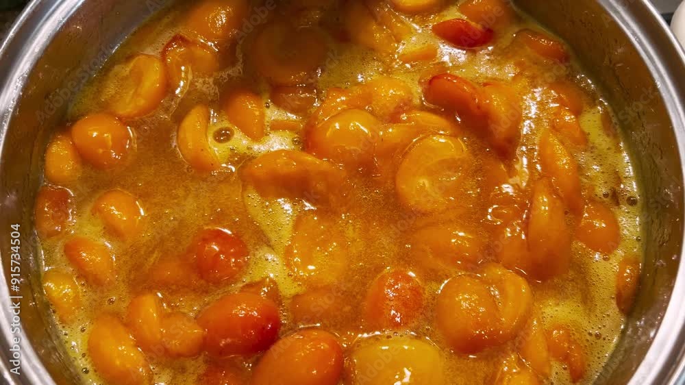 The process of making apricot jam in a metal pan. The jam is cooked in a pan. The process of making apricot jam in a metal pan. The jam is cooked in a pan.