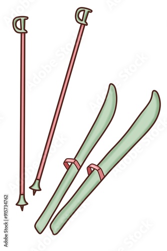 A winter equipment skis and ski poles is a illustration, hand-drawn with watercolor brushes, with outline on a white background. For postcards, greetings, stickers and others DIY.