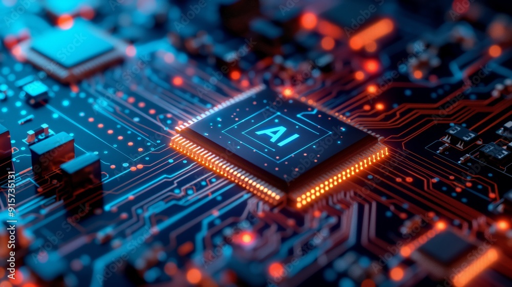 An AI microchip on a circuit board, highlighting advanced technology and artificial intelligence inside a detailed futuristic computer An AI microchip on a circuit board, highlighting advanced technology and artificial intelligence inside a detailed futuristic computer