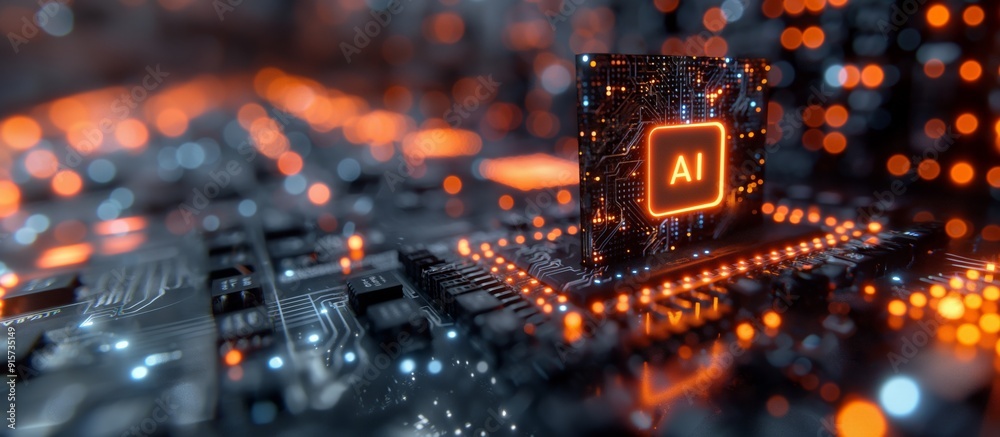 An AI microchip on a circuit board, highlighting advanced technology and artificial intelligence inside a detailed futuristic computer An AI microchip on a circuit board, highlighting advanced technology and artificial intelligence inside a detailed futuristic computer