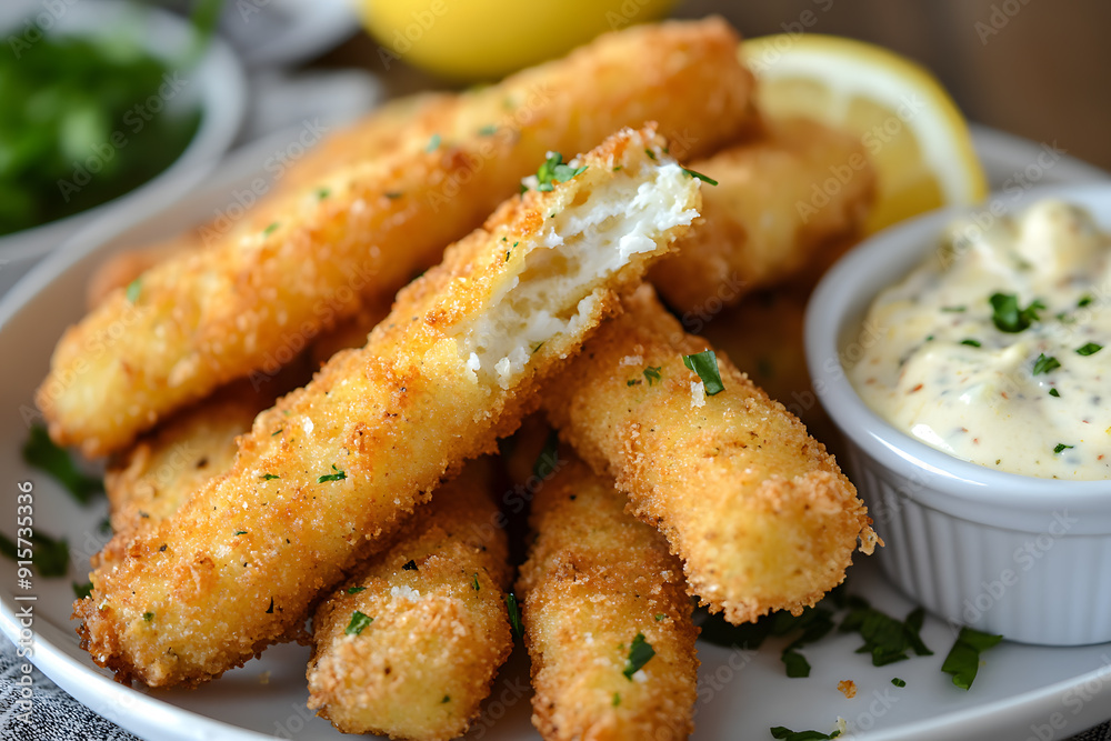 Fish sticks with lemon and tartar sauce commercial food photo Fish sticks with lemon and tartar sauce commercial food photo