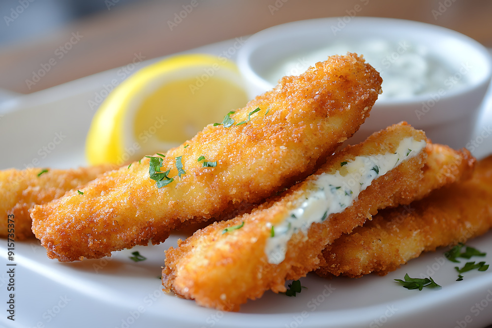 Fish sticks with lemon and tartar sauce commercial food photo Fish sticks with lemon and tartar sauce commercial food photo