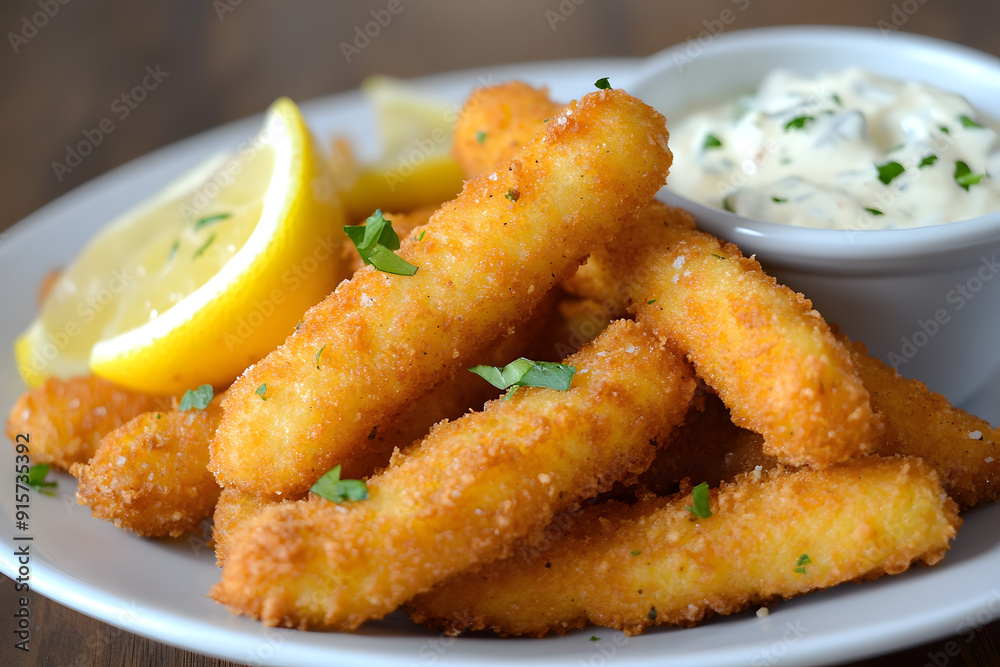 Fish sticks with lemon and tartar sauce commercial food photo Fish sticks with lemon and tartar sauce commercial food photo