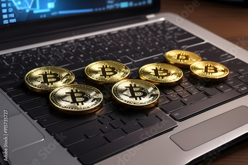 A bunch of golden bitcoin coin on a silver keyboard of laptop. Virtual cryptocurrency concept. Mining of bitcoins online bussiness. Bitcoins trading. 