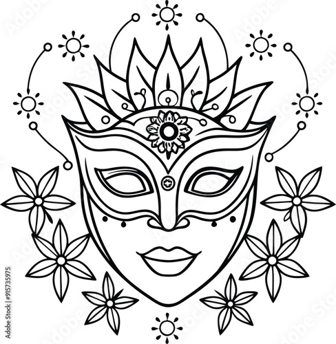 hand drawn beautiful mask  sketch illustration for adult coloring book