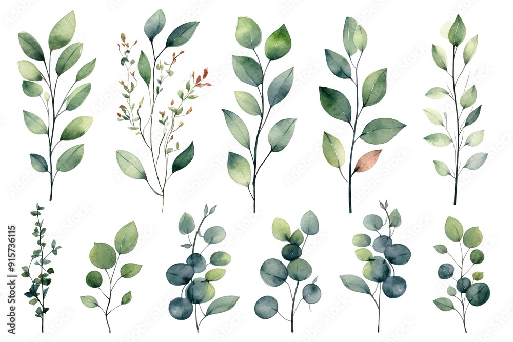 Watercolor illustration of green foliage branches. Watercolor illustration of green foliage branches.