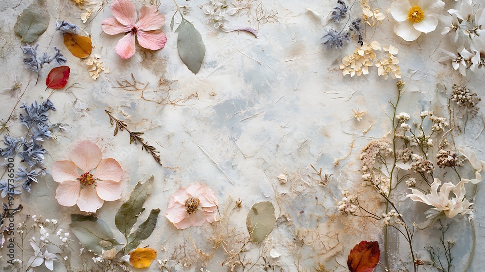 Fototapeta premium Pressed Flowers and Leaves on a Textured White Background