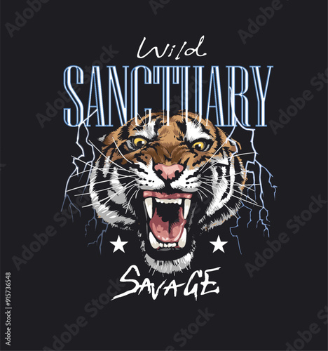 wild sanctuary slogan with roaring tiger head hand drawn vector illustration on black background