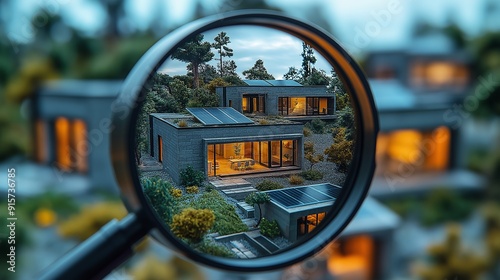 A miniature model of modern houses with solar panels highlighting eco-friendly architecture and urban planning, showcasing sustainable living solutions for the real estate housing market