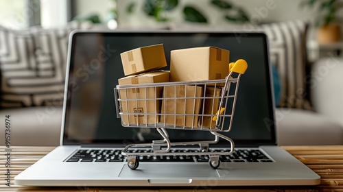 A miniature shopping cart filled with boxes placed on a laptop keyboard, symbolizing the concept of online shopping and e-commerce ordering in a modern digital environment