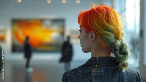 A unique woman with colorful dyed hair admiring artwork in a modern gallery, symbolizing contemporary art and personal creativity within an artistic environment showcasing her individuality