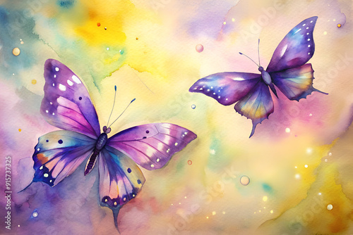 Two butterflies are flying in the sky, one is purple and the other is blue. The sky is filled with yellow and orange colors, creating a vibrant and lively atmosphere