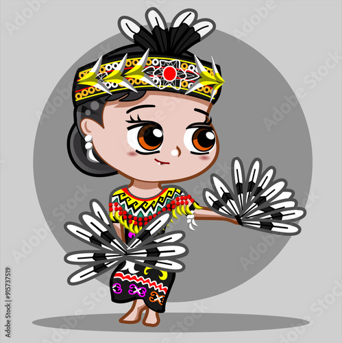 CIMAHI,INDONESIA-AUGUST 9, 2024-An Indonesian cute chibi kawaii girl does Enggang Kalimantan dance wear traditional dress. Character illustration for collection, poster,background,wallpaper,sticker. photo