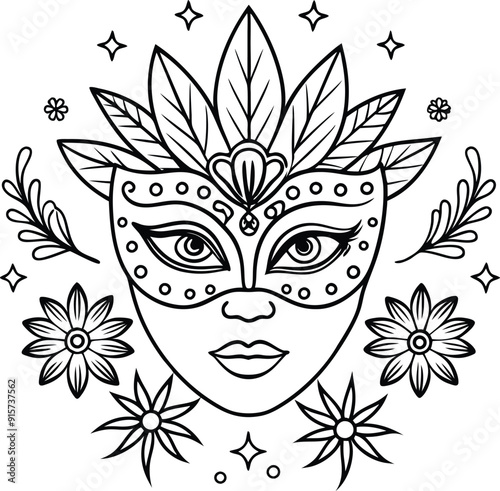 hand drawn beautiful mask  sketch illustration for adult coloring book