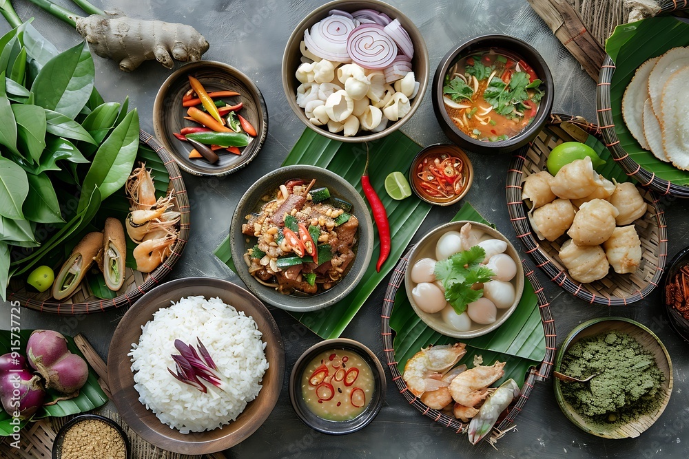 Korean food ingredients on black background. Top view, flat lay Korean food ingredients on black background. Top view, flat lay