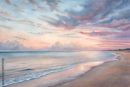 A painting of a beach with a cloudy sky and a pink and purple sunset. The mood of the painting is serene and peaceful