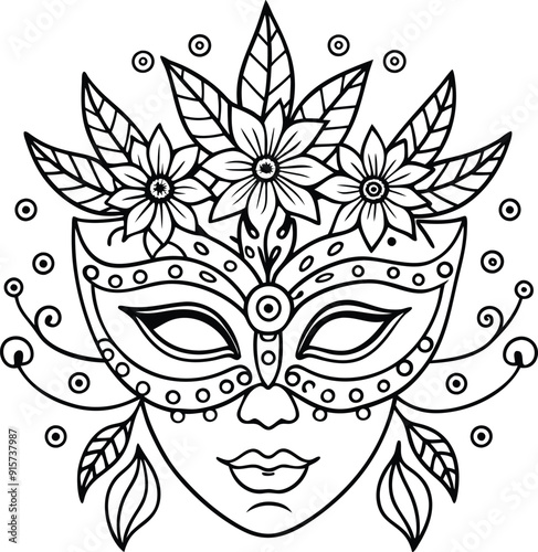 hand drawn beautiful mask  sketch illustration for adult coloring book