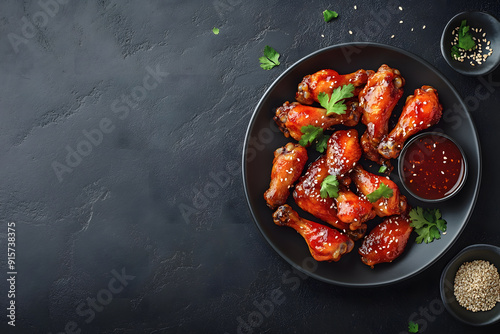 Baked wings in sweet and sour sauce with sesame seeds photo