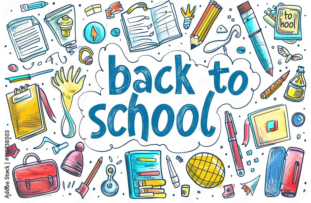 Start School Concept: Supplies on Desk with Rocket Drawn on White board Start School Concept: Supplies on Desk with Rocket Drawn on White board