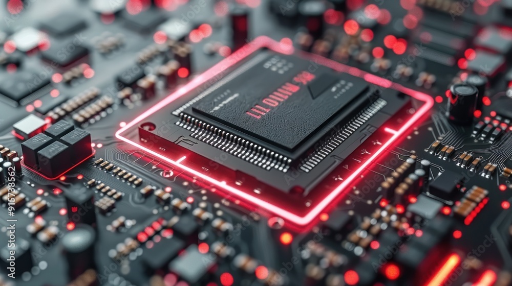Close-up of a microchip with red lighting elements. Close-up of a microchip with red lighting elements.