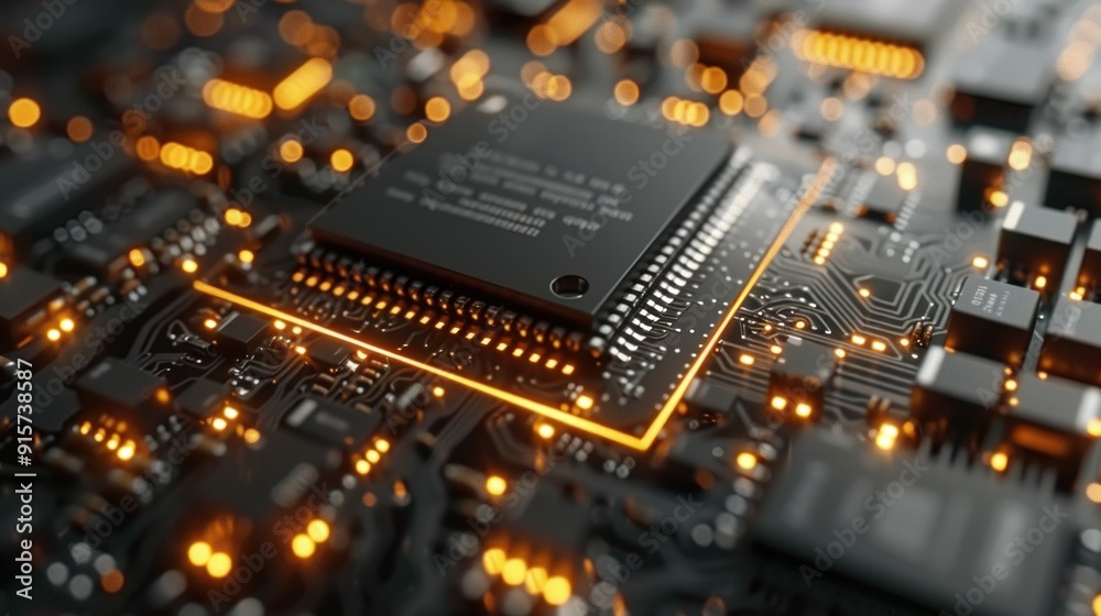 Close-up of a microchip with glowing circuits and light. Close-up of a microchip with glowing circuits and light.