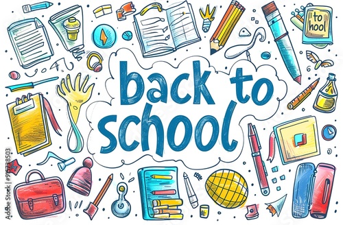 Start School Concept: Supplies on Desk with Rocket Drawn on White board