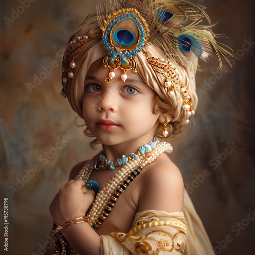 Cute little boy in lord krishna costume. celebrating janmashtami or lord krishna festival. photo