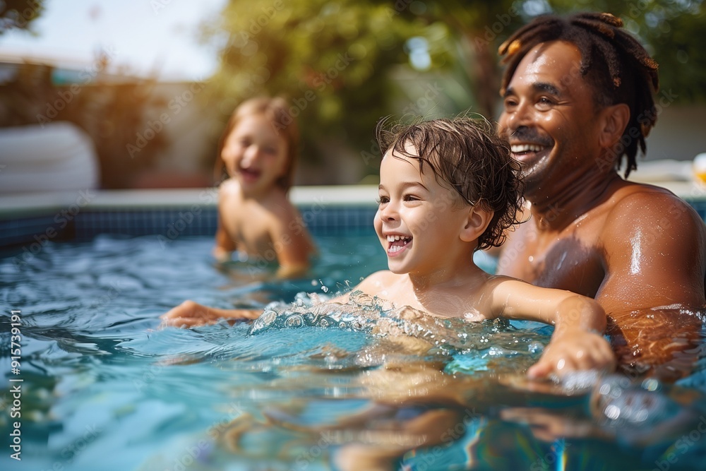 little boy plays with his father in the swimming pool in summer little boy plays with his father in the swimming pool in summer