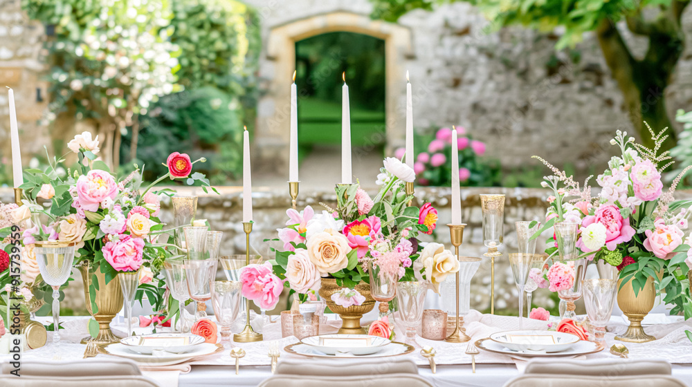 Fototapeta premium Wedding decoration with peonies, floral decor and event celebration, peony flowers and wedding ceremony in the garden, English country style